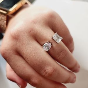 Zircon Stone Adjustable Double Stone Silver Ring Statement Unique Bling Jewelry